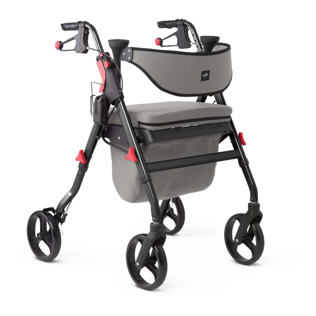 The Medline Empower Rollator with Microban features a sturdy aluminum frame, four wheels, ergonomic handles, and a cushioned seat. It includes a red latch system and an underneath storage bag, providing optimal mobility assistance.